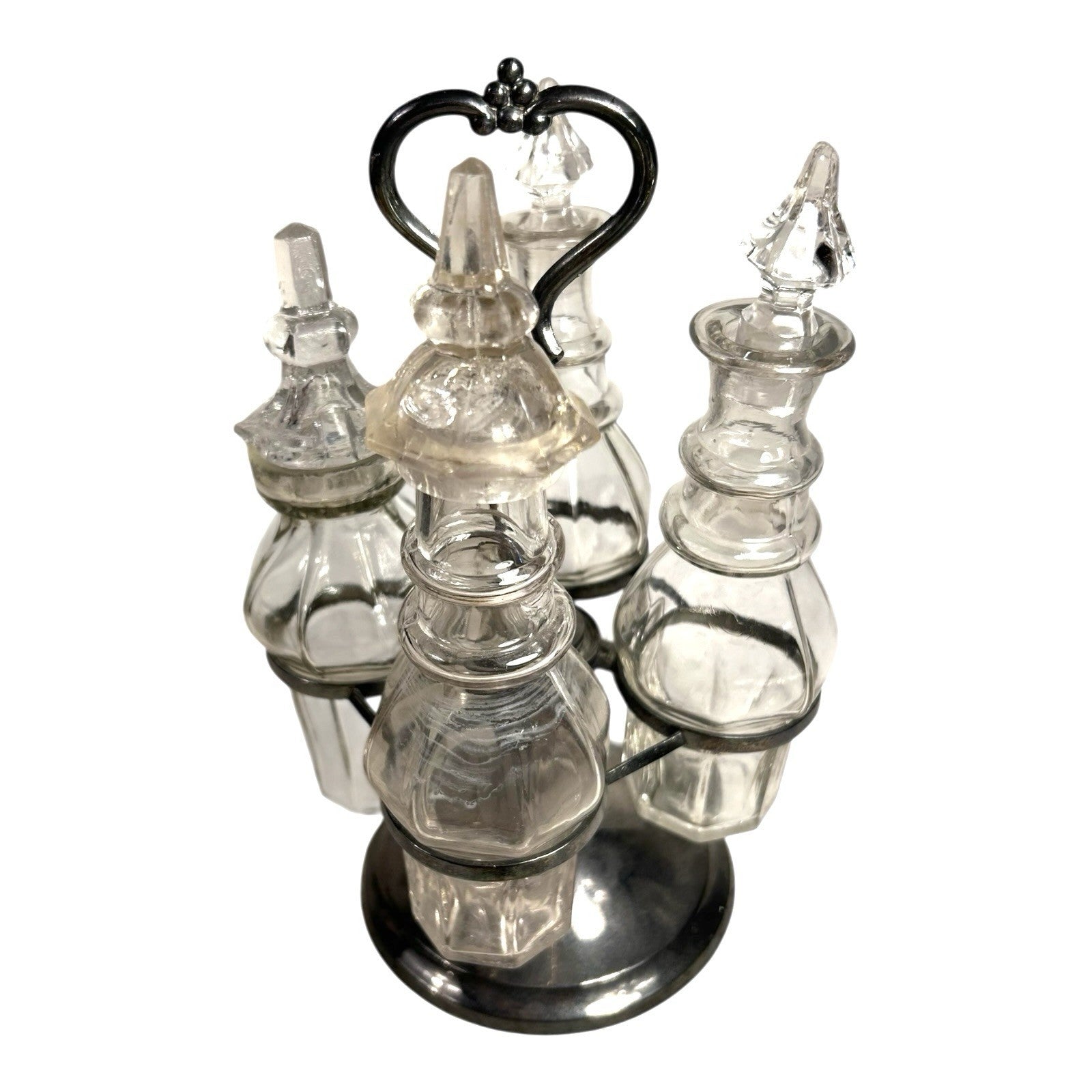 Antique Victorian Glass Cruet Set 4 Bottles Metal Stand - Original Stoppers