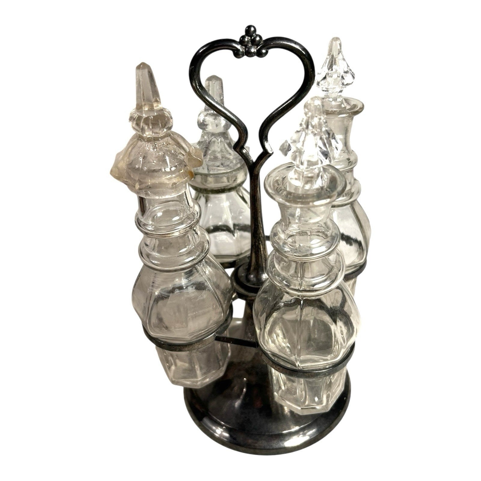 Antique Victorian Glass Cruet Set 4 Bottles Metal Stand - Original Stoppers