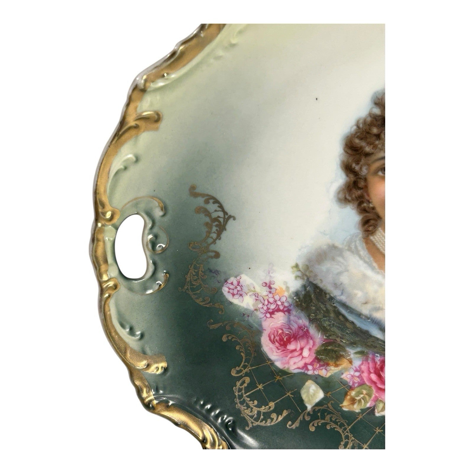 Antique Victorian Lady & Roses Portrait Cabinet Plate with Gold Gilt