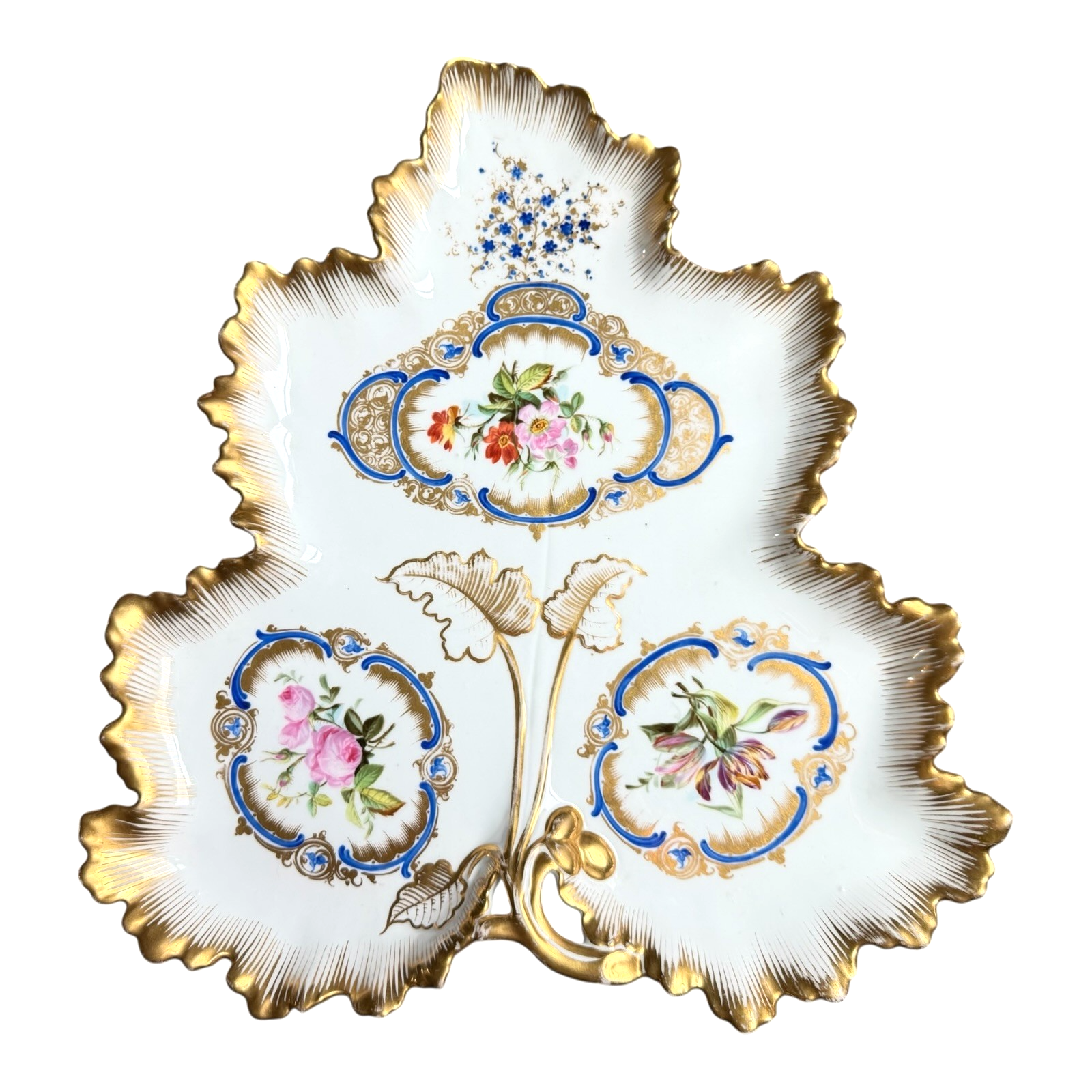 Antique Old Paris Porcelain Leaf Form Serving Dish - Floral Gold Gilt, 16"