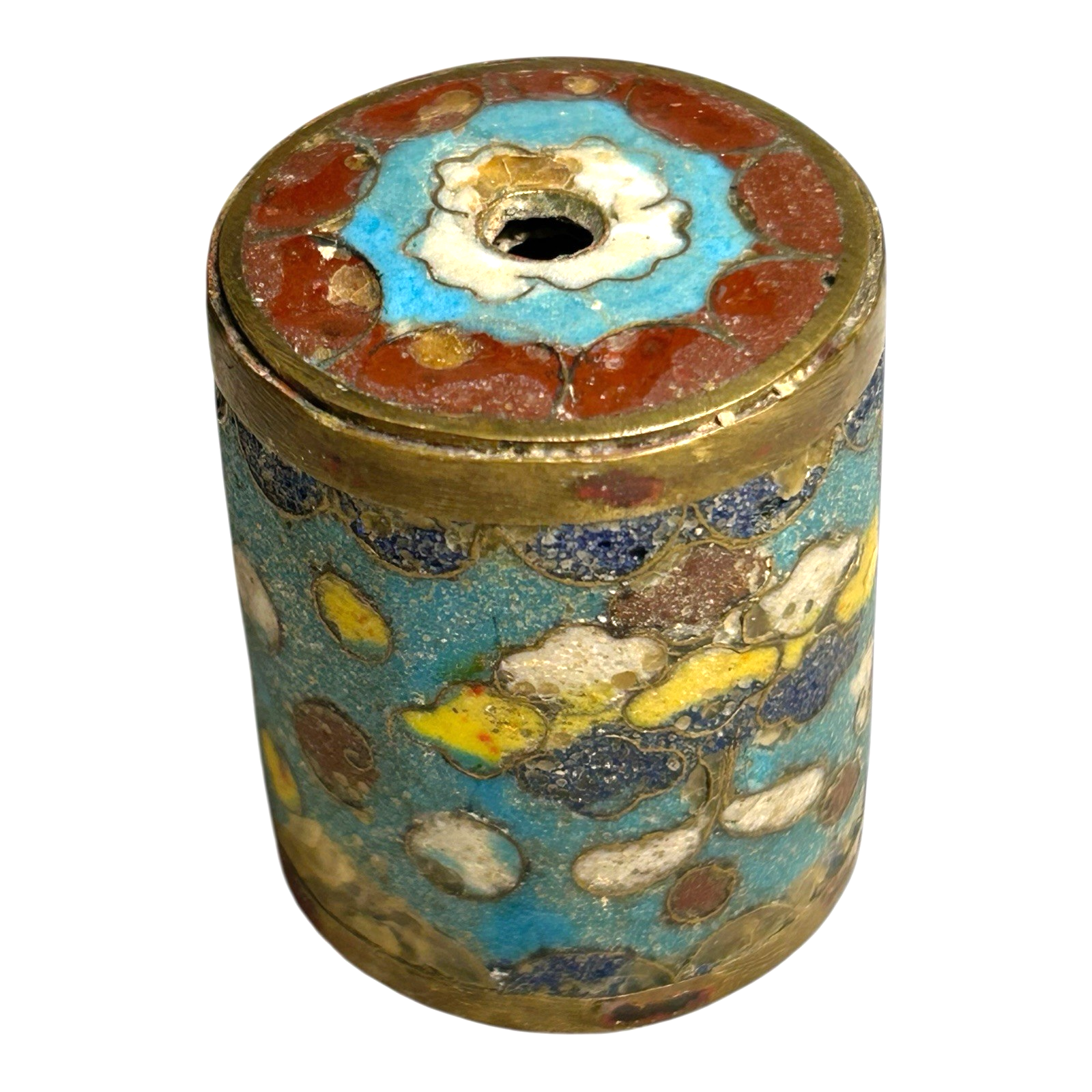 Antique Japanese Cloisonne Large Cylinder Bead with Brass Trim - Meiji Period