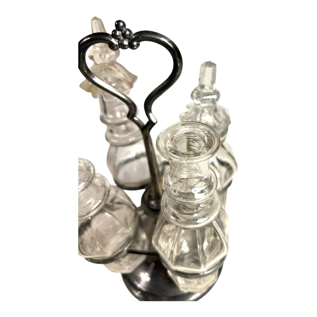 Antique Victorian Glass Cruet Set 4 Bottles Metal Stand - Original Stoppers