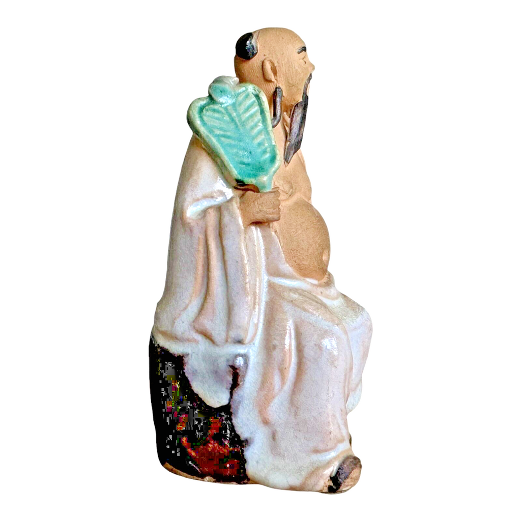Antique Chinese Mudman Scholar Figurine - Seated with Fan