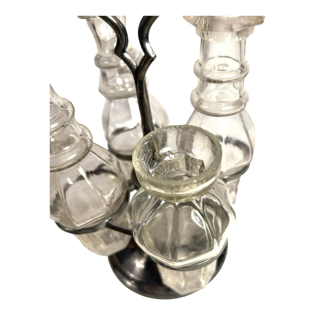 Antique Victorian Glass Cruet Set 4 Bottles Metal Stand - Original Stoppers