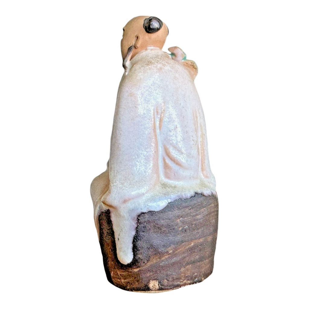 Antique Chinese Mudman Scholar Figurine - Seated with Fan