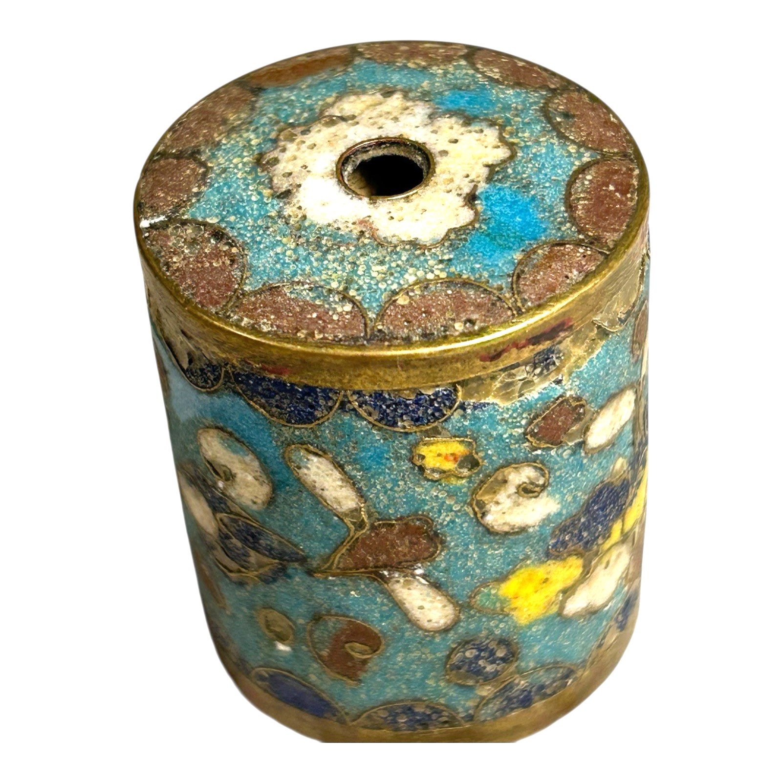 Antique Japanese Cloisonne Large Cylinder Bead with Brass Trim - Meiji Period