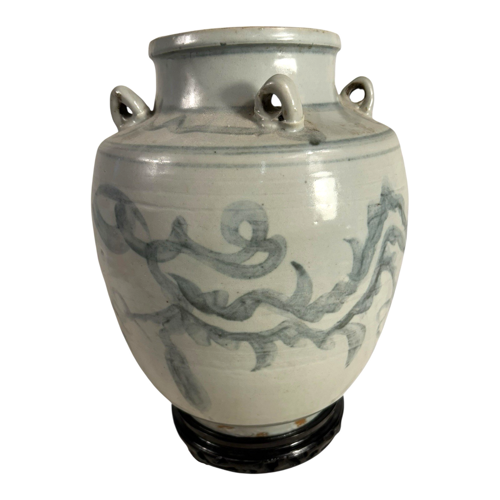 Antique Asian Pottery Dragon Ewer Pitcher Jug - Gray Glaze & Double Ring Handles