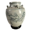 Antique Asian Pottery Dragon Ewer Pitcher Jug - Gray Glaze & Double Ring Handles