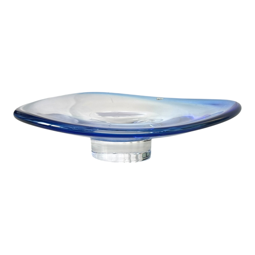 Vintage Orrefors Sweden Blue Footed Art Glass Centerpiece Dish