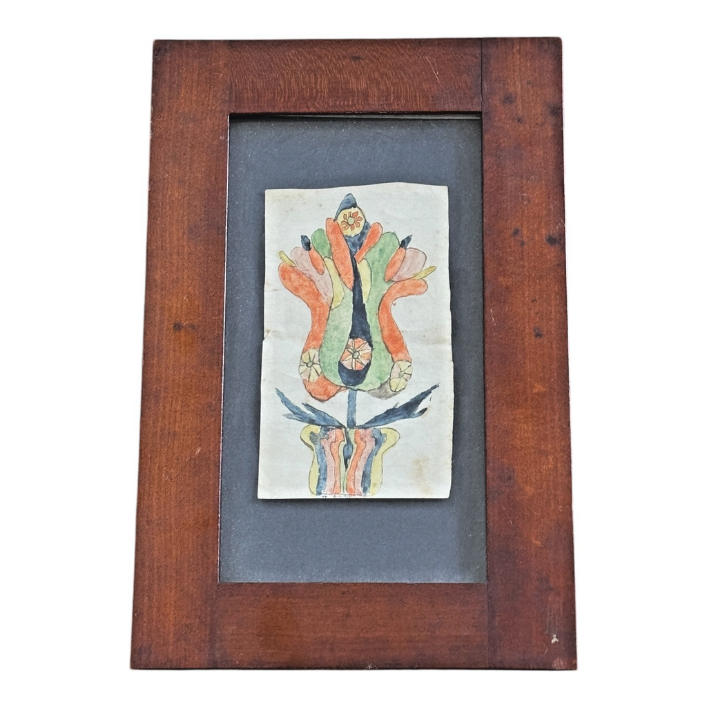 Antique Pennsylvania Folk Art Watercolor Fraktur Drawing, Tulip Flower - Framed