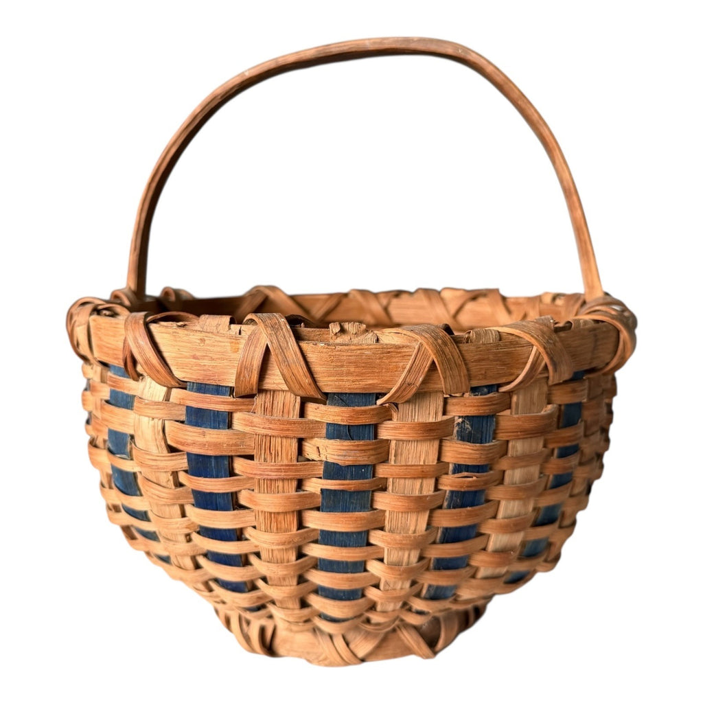 Vintage Handwoven Split Oak Buttocks Gathering Basket with Blue Accent
