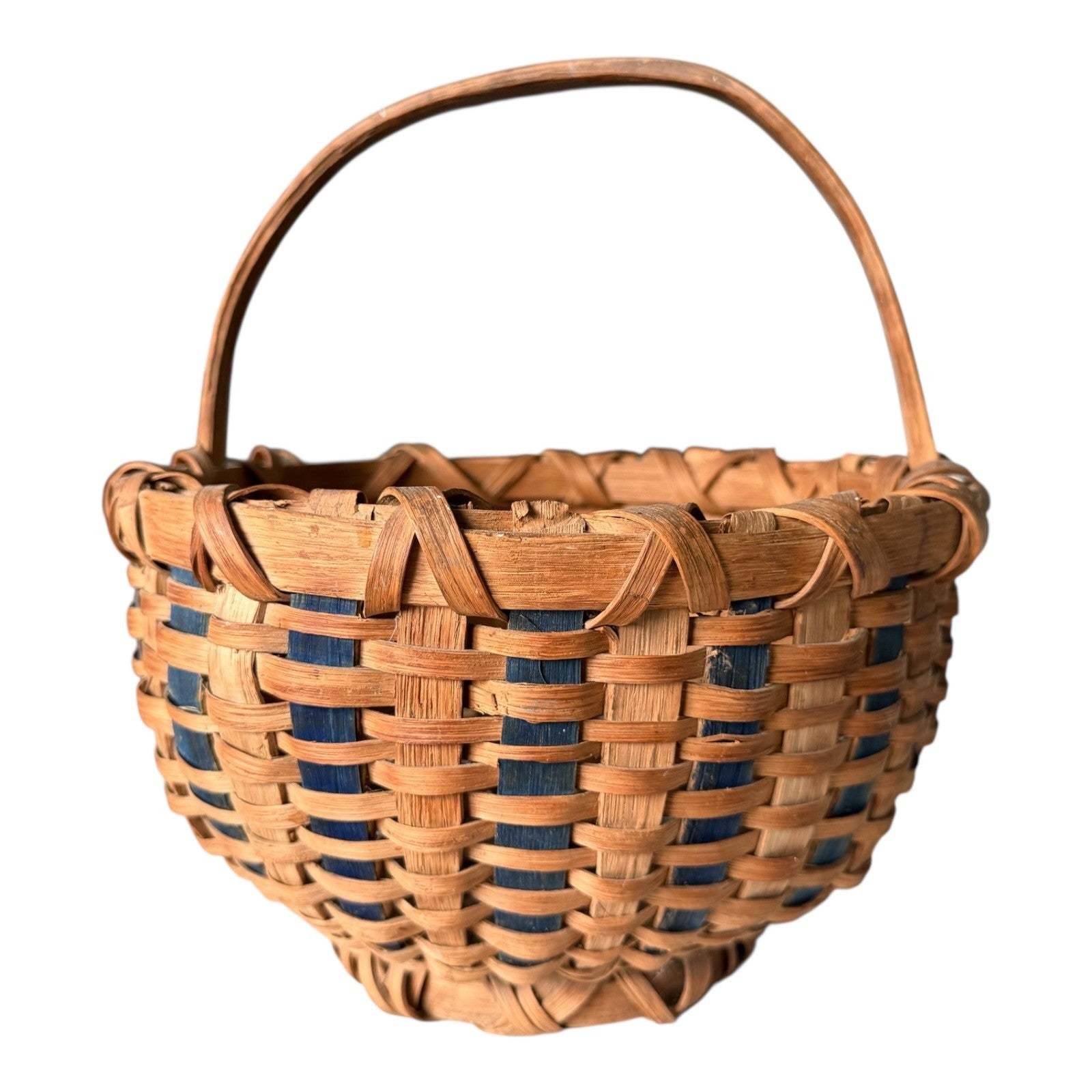 Vintage Handwoven Split Oak Buttocks Gathering Basket with Blue Accent