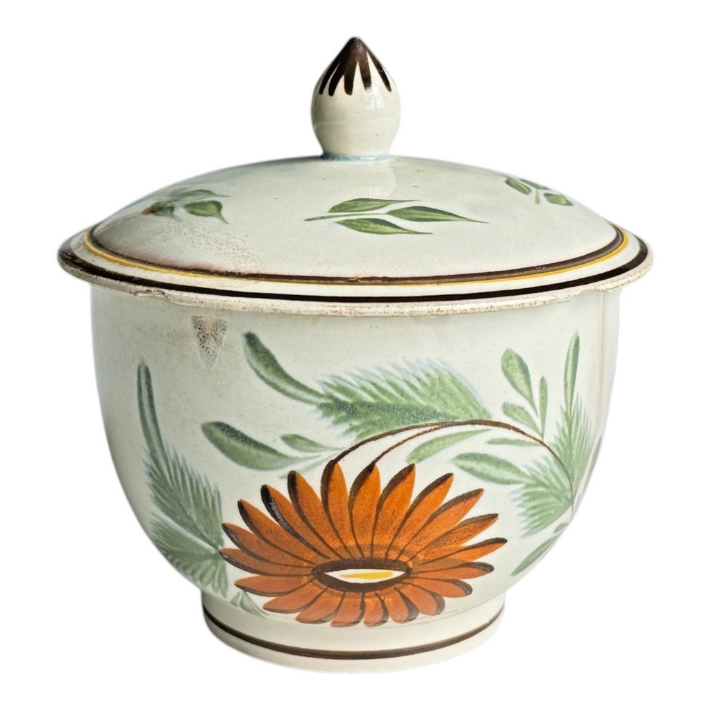 Antique Staffordshire Hand-Painted Floral Sunflower Lidded Sugar Bowl