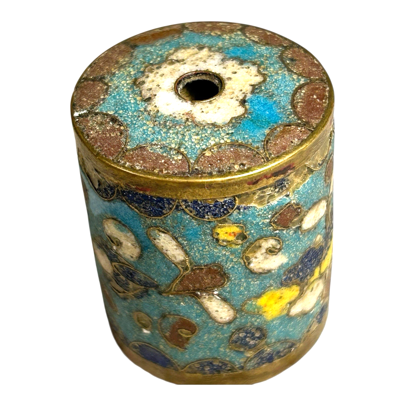Antique Japanese Cloisonne Large Cylinder Bead with Brass Trim - Meiji Period