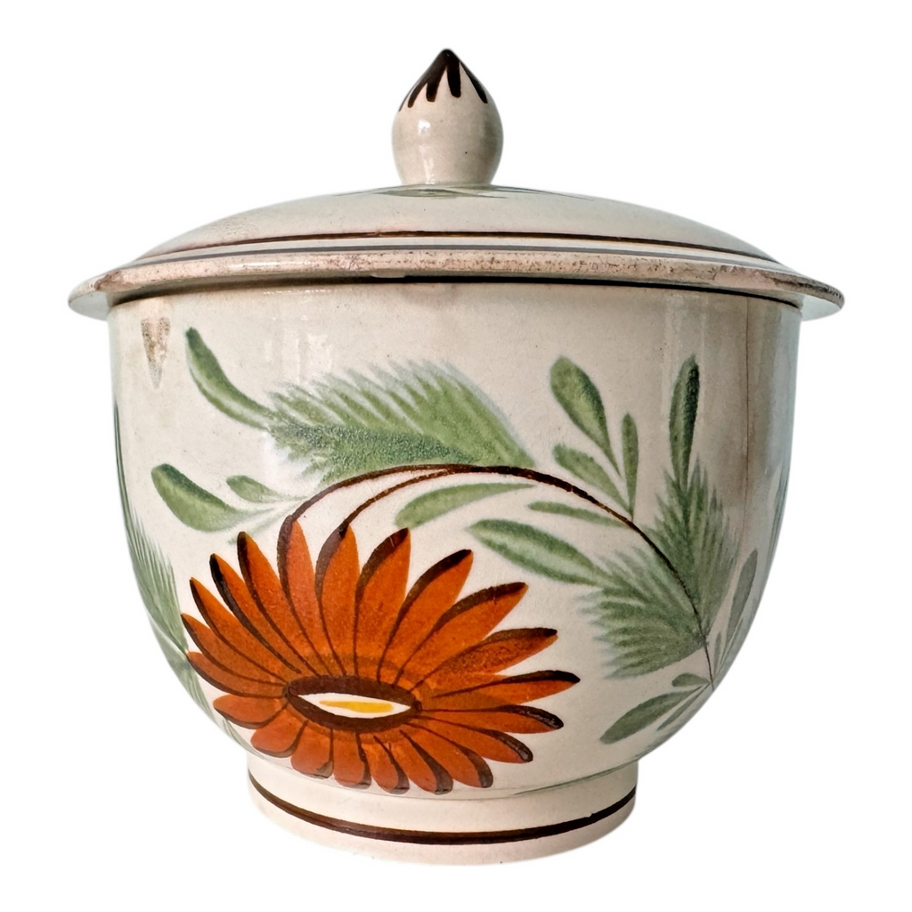 Antique Staffordshire Hand-Painted Floral Sunflower Lidded Sugar Bowl