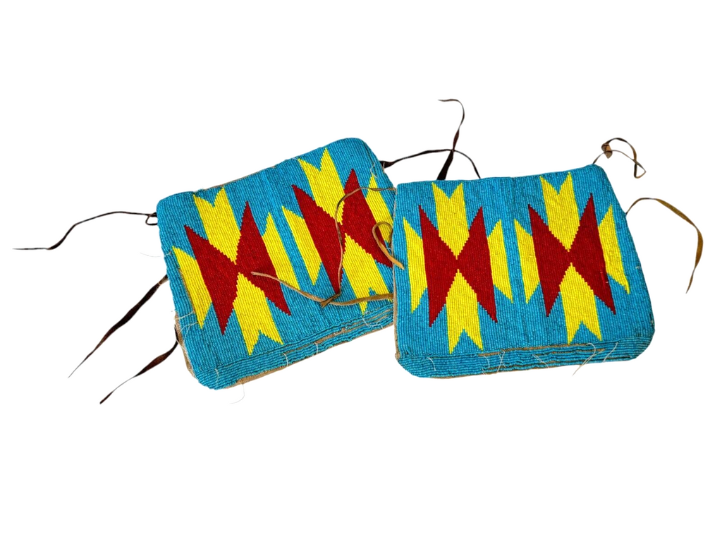 Vintage Native American Handmade Beaded Cuffs, Red Yellow Blue