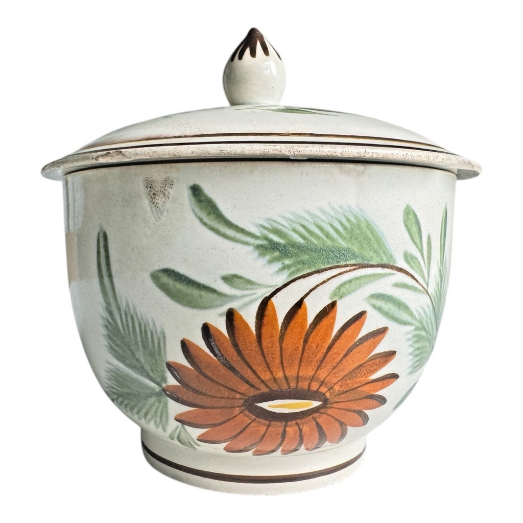 Antique Staffordshire Hand-Painted Floral Sunflower Lidded Sugar Bowl
