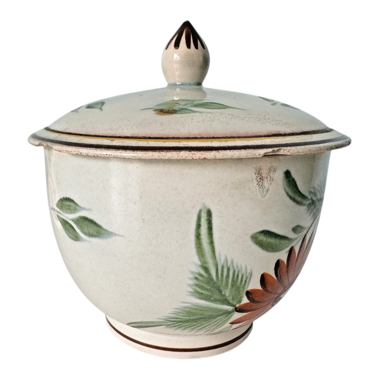 Antique Staffordshire Hand-Painted Floral Sunflower Lidded Sugar Bowl