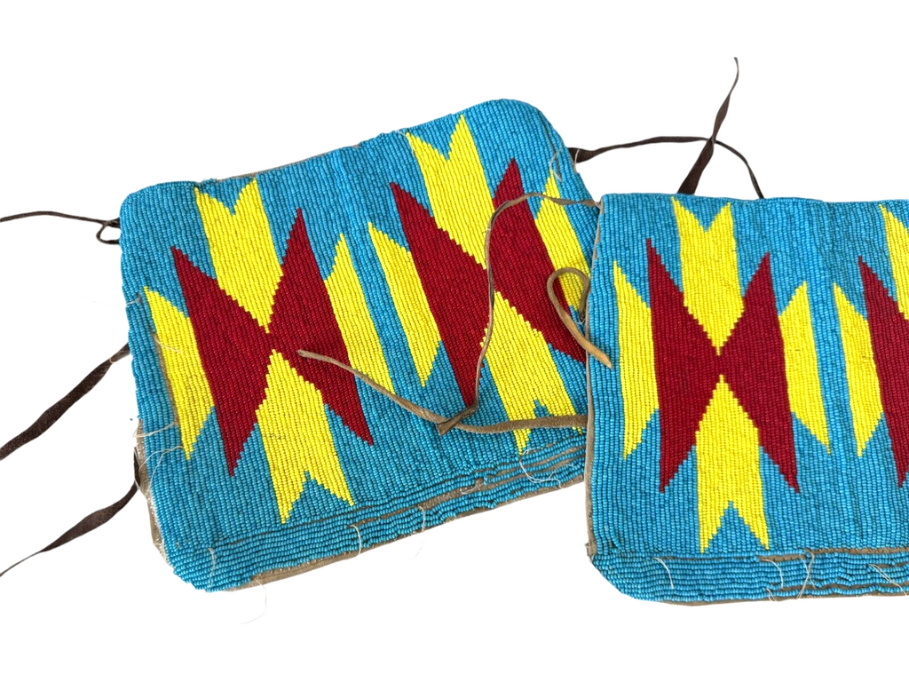 Vintage Native American Handmade Beaded Cuffs, Red Yellow Blue
