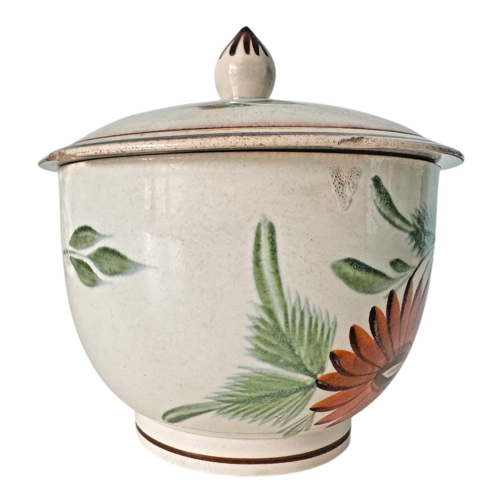 Antique Staffordshire Hand-Painted Floral Sunflower Lidded Sugar Bowl