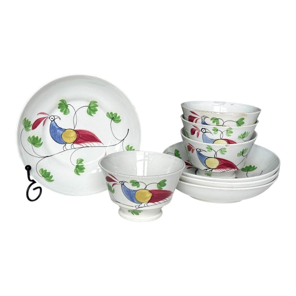 Antique Staffordshire Peafowl Spongeware Spatterware Cups & Saucers (Set of 4)