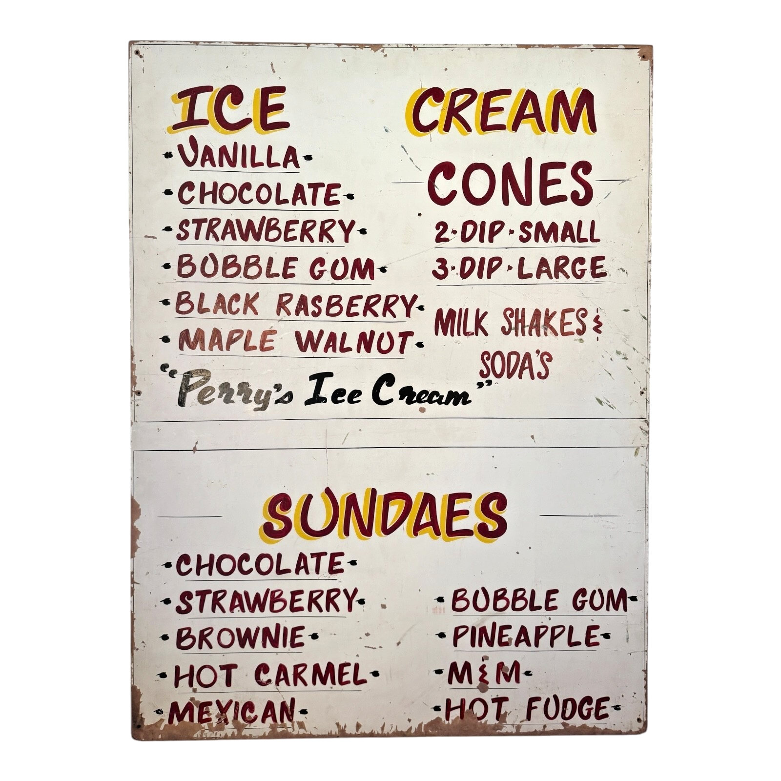 Vintage Large Perry’s Ice Cream Hand Painted Wooden Menu Board Advertising Sign