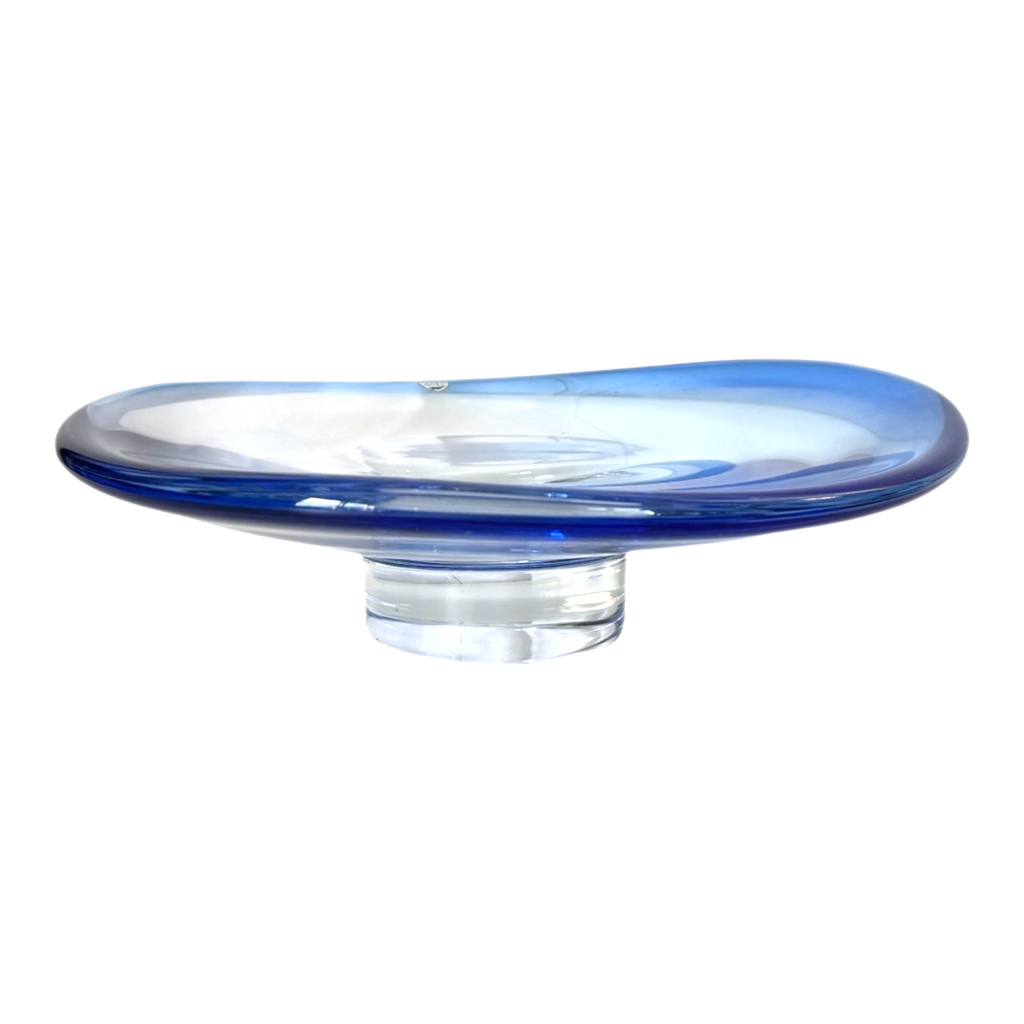 Vintage Orrefors Sweden Blue Footed Art Glass Centerpiece Dish