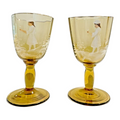 Antique Bohemian Mary Gregory Style Enameled Pair of Yellow Glass Cordials