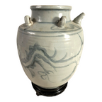 Antique Asian Pottery Dragon Ewer Pitcher Jug - Gray Glaze & Double Ring Handles