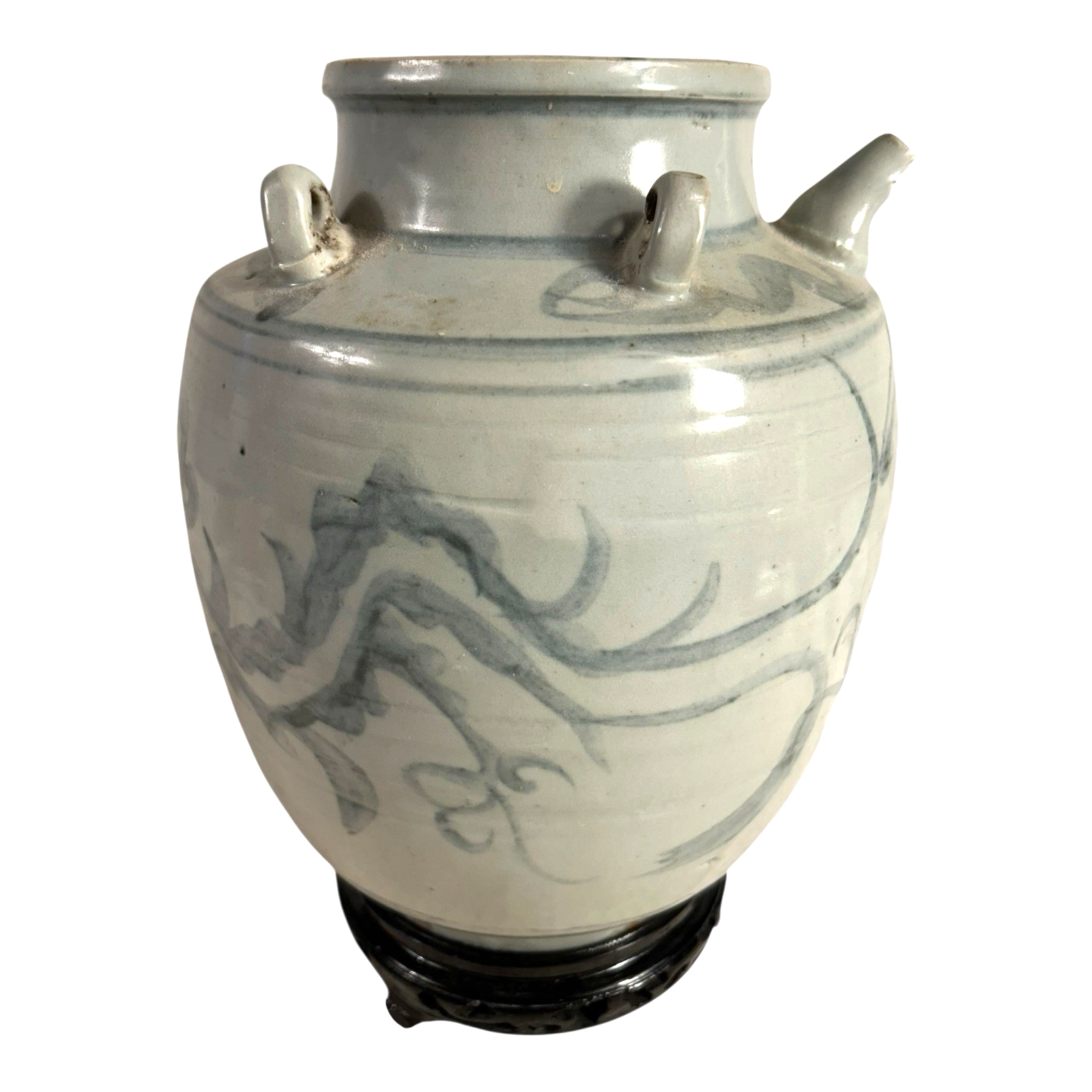 Antique Asian Pottery Dragon Ewer Pitcher Jug - Gray Glaze & Double Ring Handles