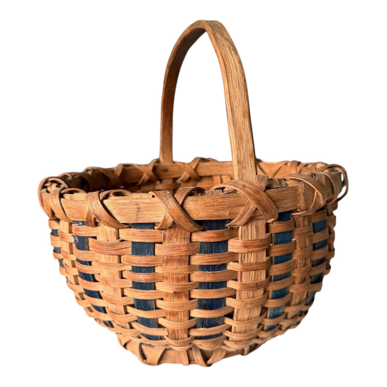 Vintage Handwoven Split Oak Buttocks Gathering Basket with Blue Accent