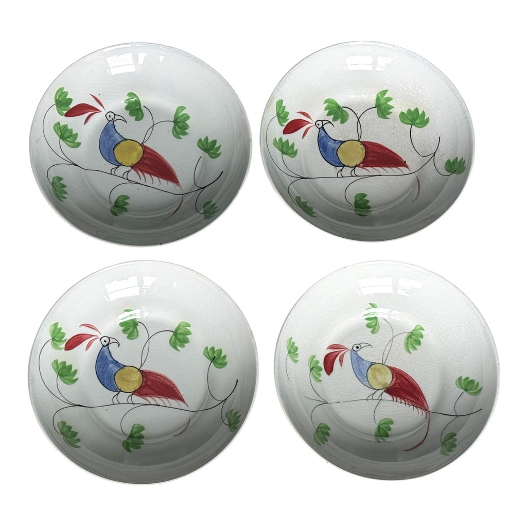 Antique Staffordshire Peafowl Spongeware Spatterware Cups & Saucers (Set of 4)