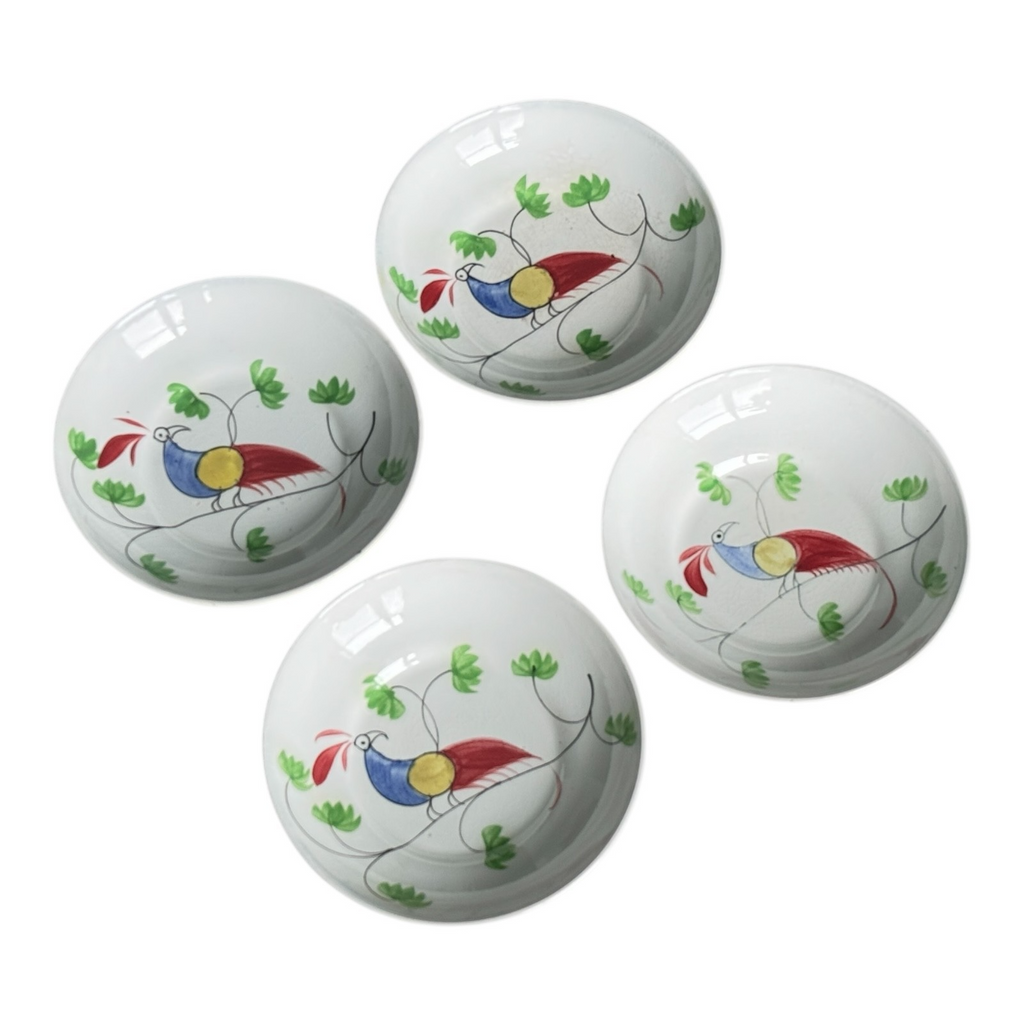 Antique Staffordshire Peafowl Spongeware Spatterware Cups & Saucers (Set of 4)