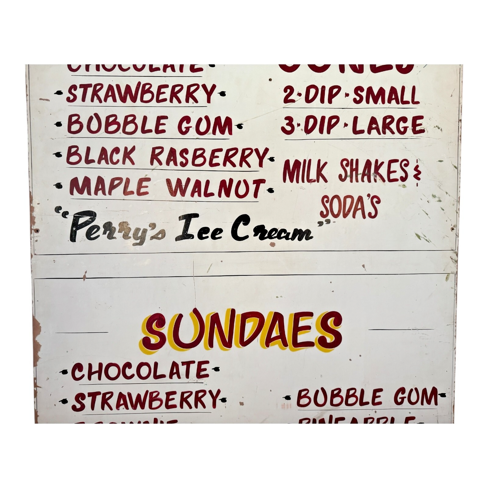 Vintage Large Perry’s Ice Cream Hand Painted Wooden Menu Board Advertising Sign