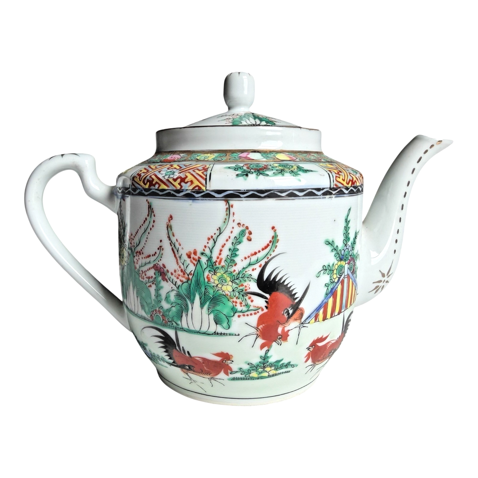 Antique Chinese Famille Rose Porcelain Teapot - Rooster Pattern