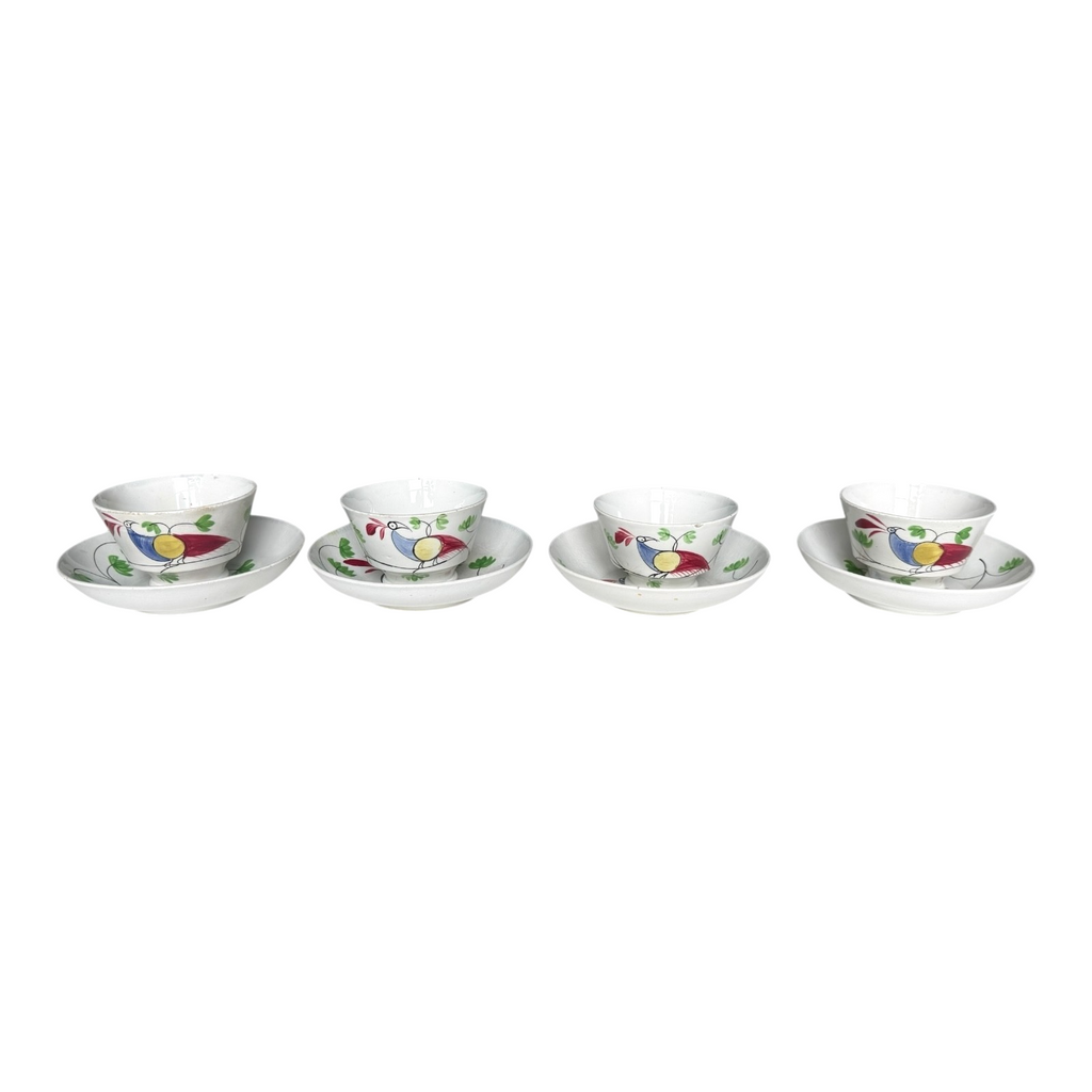 Antique Staffordshire Peafowl Spongeware Spatterware Cups & Saucers (Set of 4)