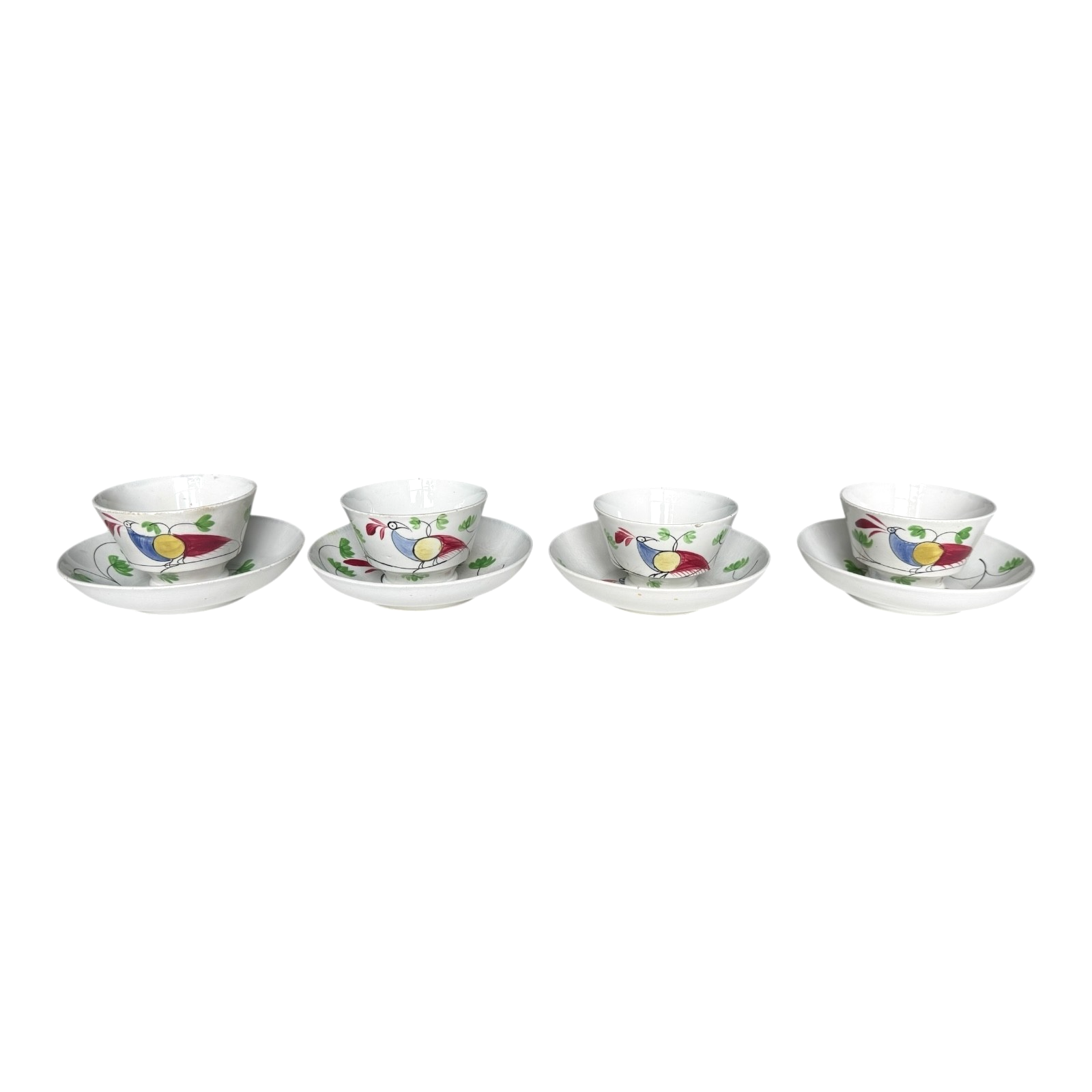 Antique Staffordshire Peafowl Spongeware Spatterware Cups & Saucers (Set of 4)