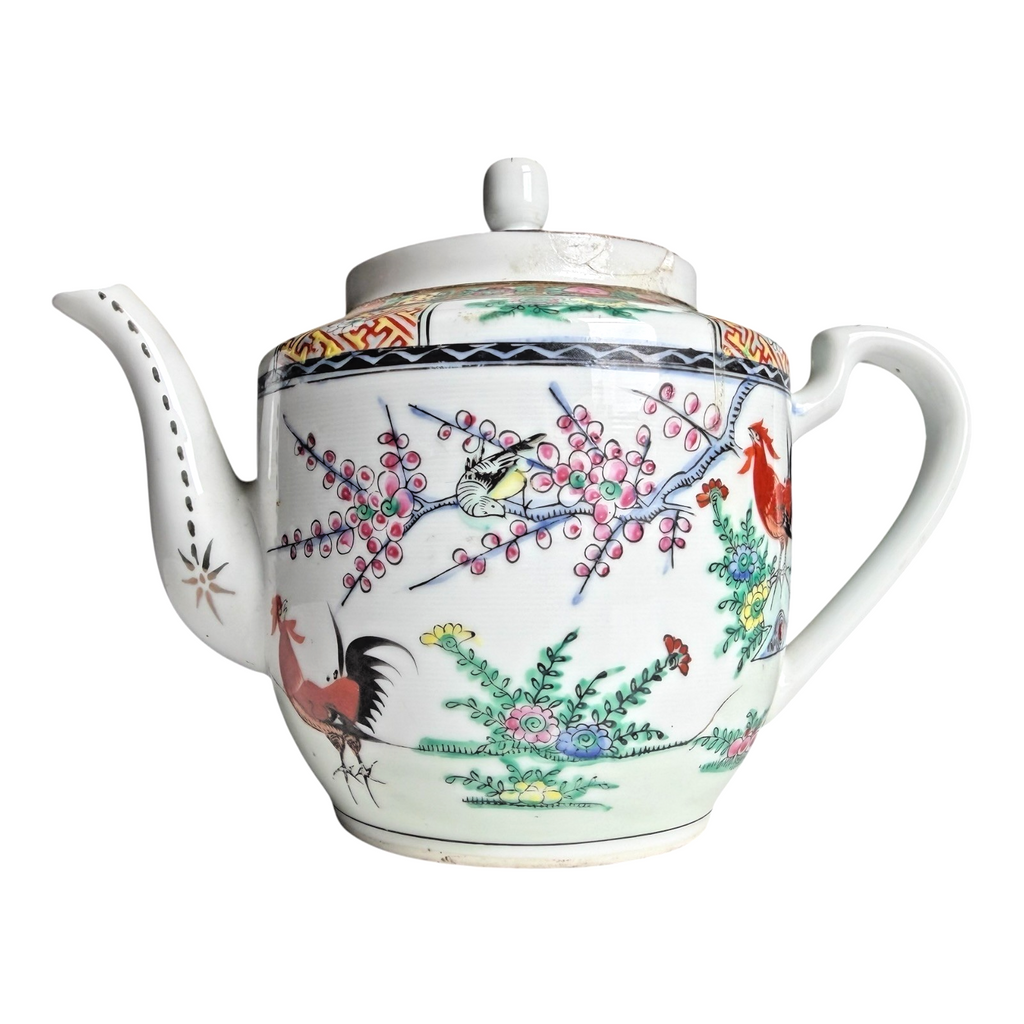 Antique Chinese Famille Rose Porcelain Teapot - Rooster Pattern