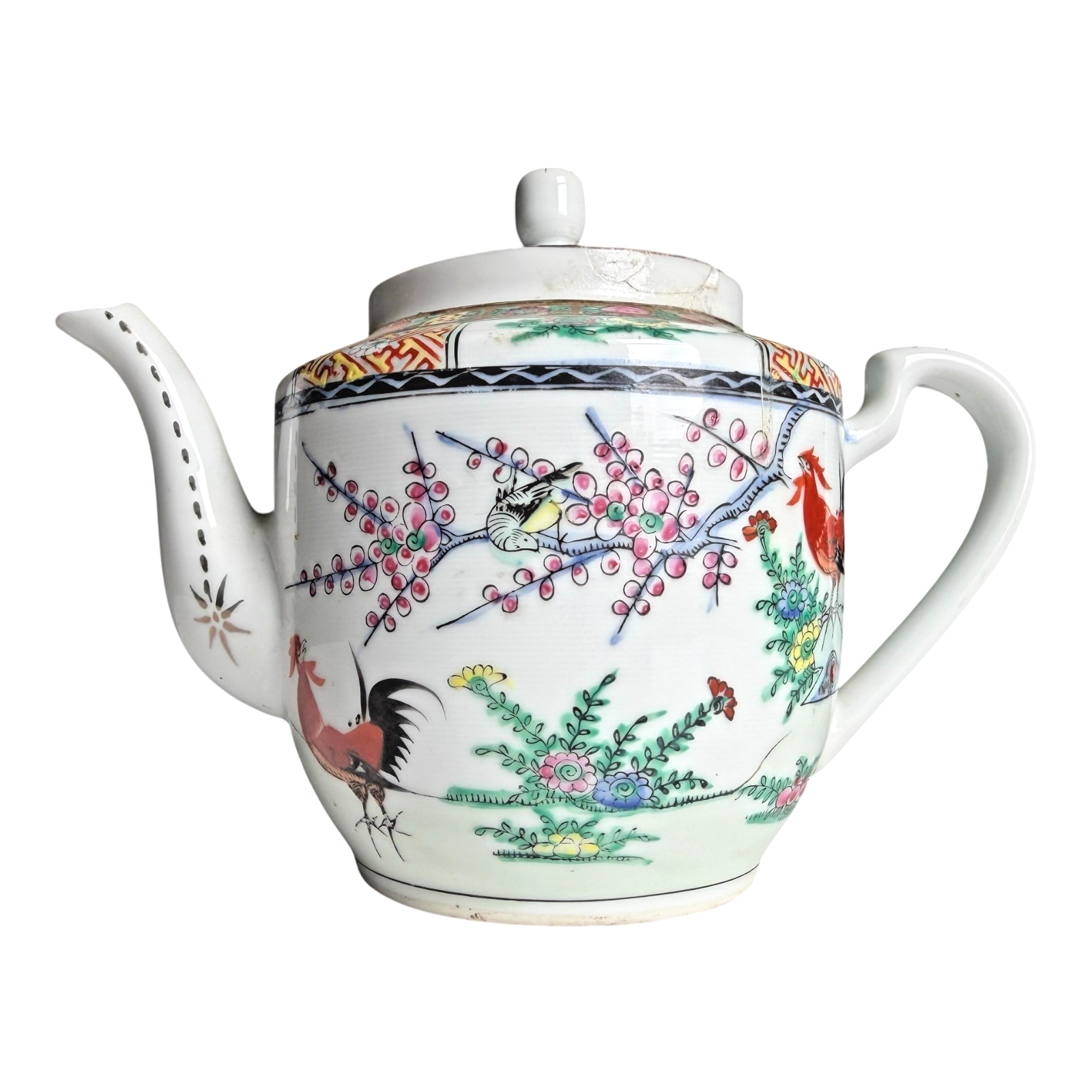 Antique Chinese Famille Rose Porcelain Teapot - Rooster Pattern