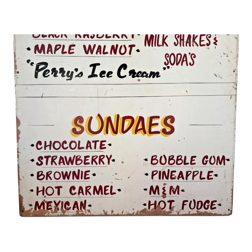 Vintage Large Perry’s Ice Cream Hand Painted Wooden Menu Board Advertising Sign