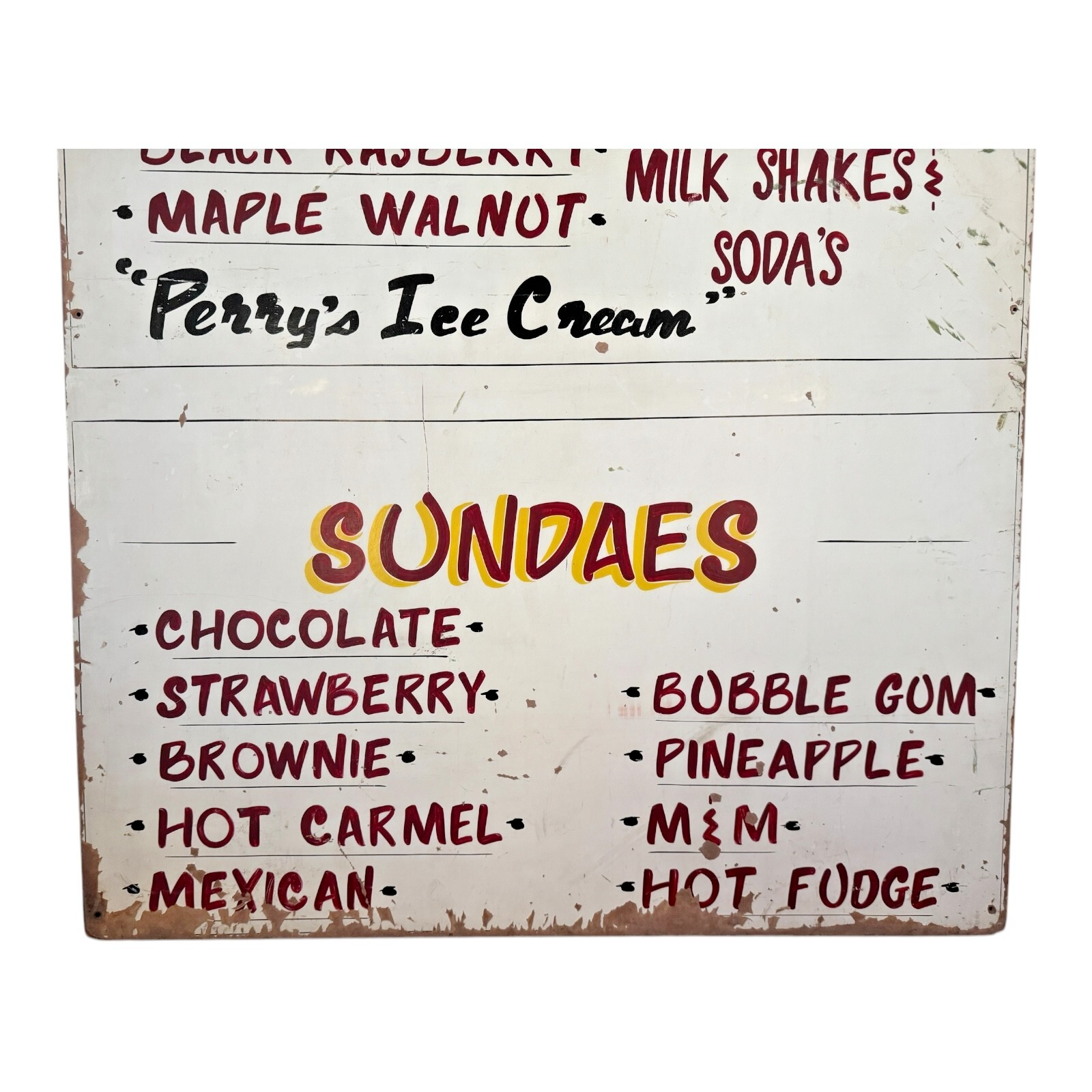 Vintage Large Perry’s Ice Cream Hand Painted Wooden Menu Board Advertising Sign