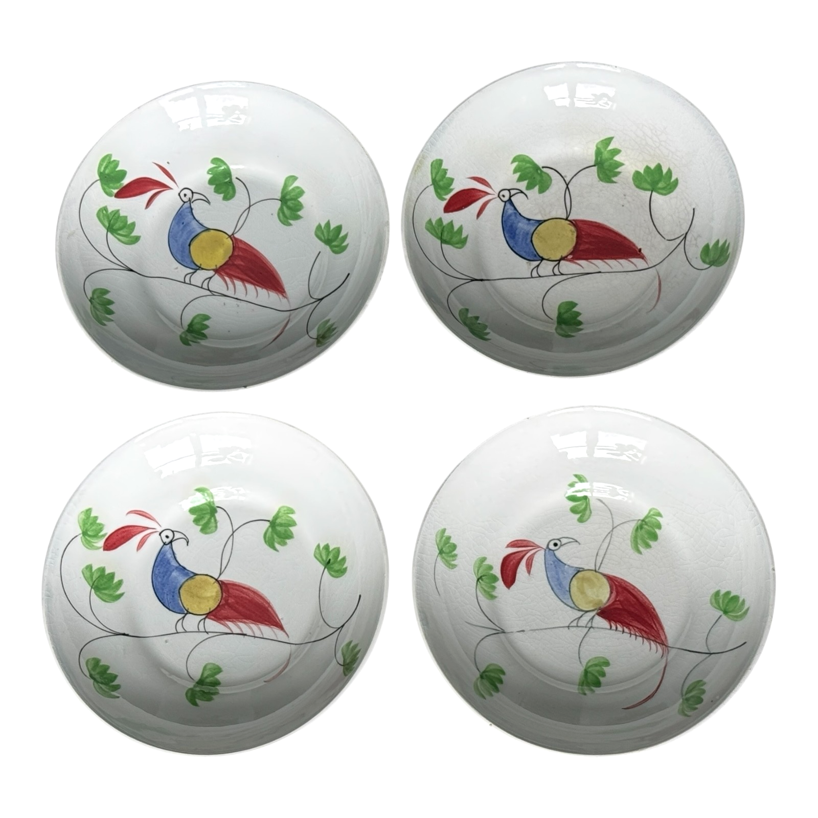 Antique Staffordshire Peafowl Spongeware Spatterware Cups & Saucers (Set of 4)