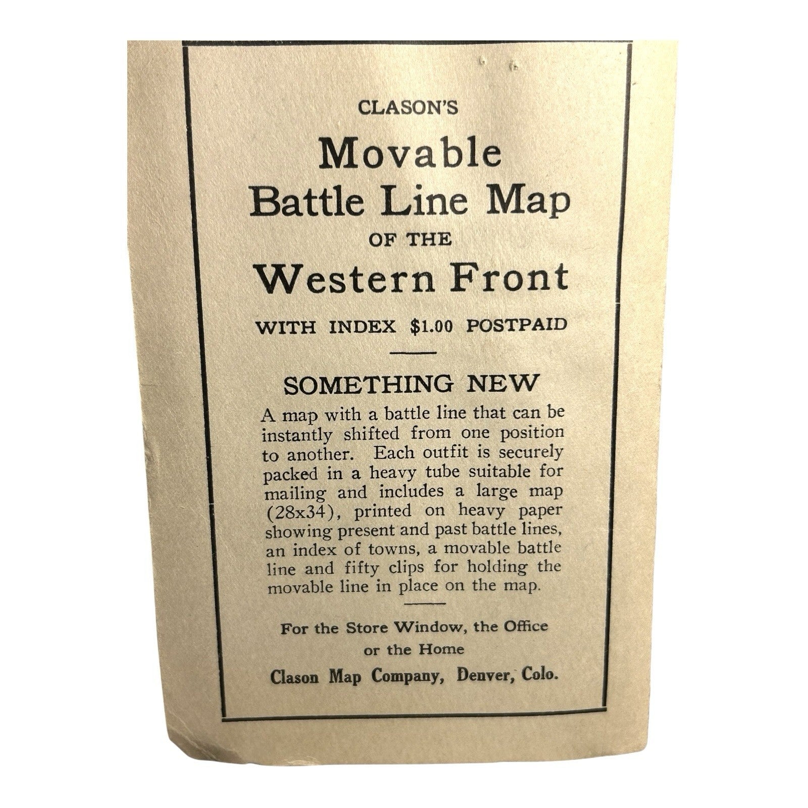 Antique WW1 World War One Clason War Map of Western Front
