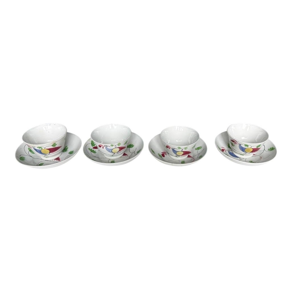 Antique Staffordshire Peafowl Spongeware Spatterware Cups & Saucers (Set of 4)