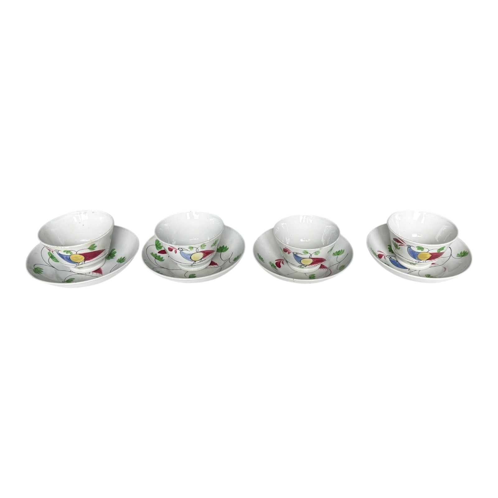 Antique Staffordshire Peafowl Spongeware Spatterware Cups & Saucers (Set of 4)