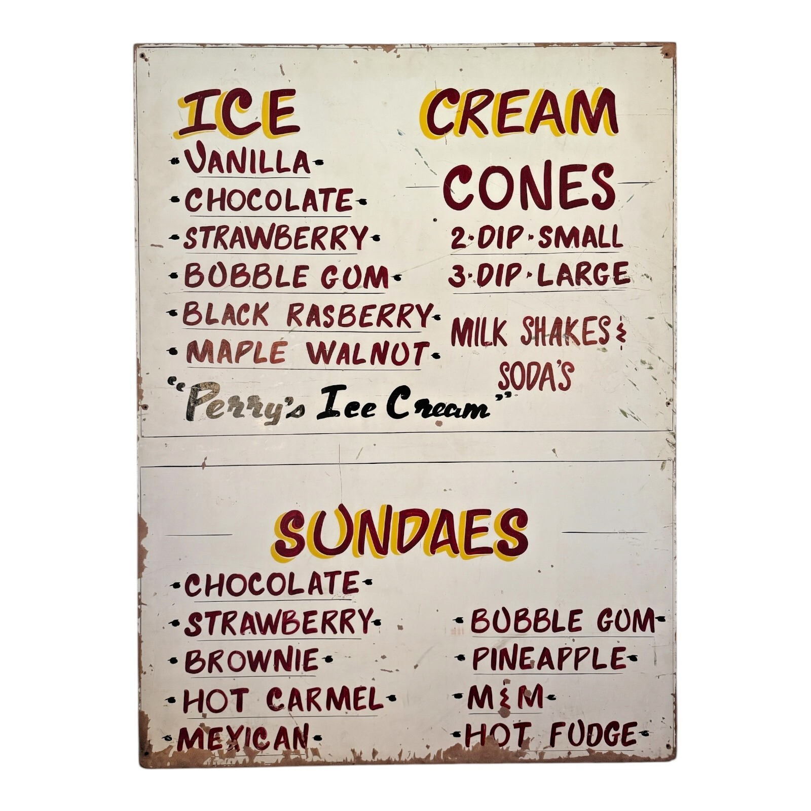 Vintage Large Perry’s Ice Cream Hand Painted Wooden Menu Board Advertising Sign