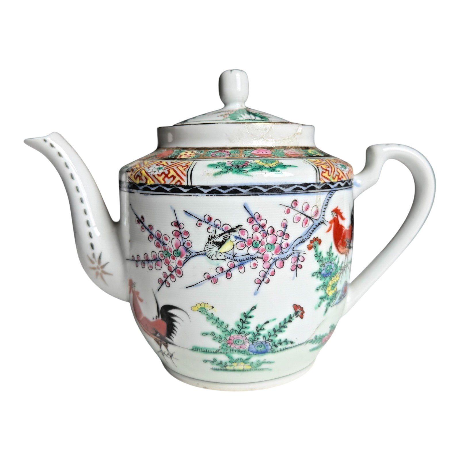 Antique Chinese Famille Rose Porcelain Teapot - Rooster Pattern