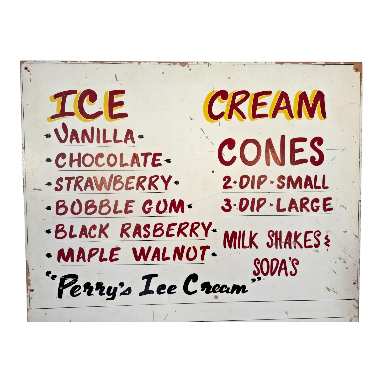 Vintage Large Perry’s Ice Cream Hand Painted Wooden Menu Board Advertising Sign