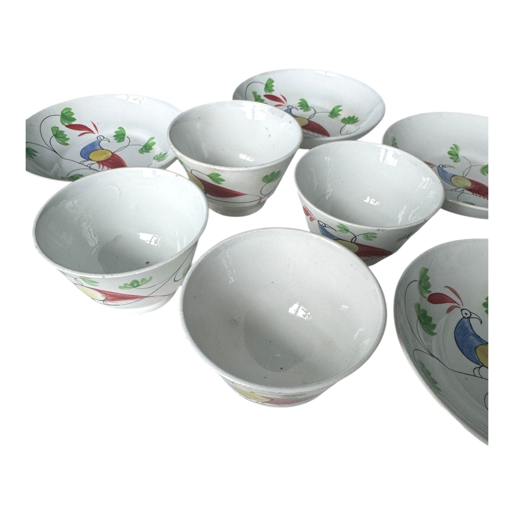 Antique Staffordshire Peafowl Spongeware Spatterware Cups & Saucers (Set of 4)