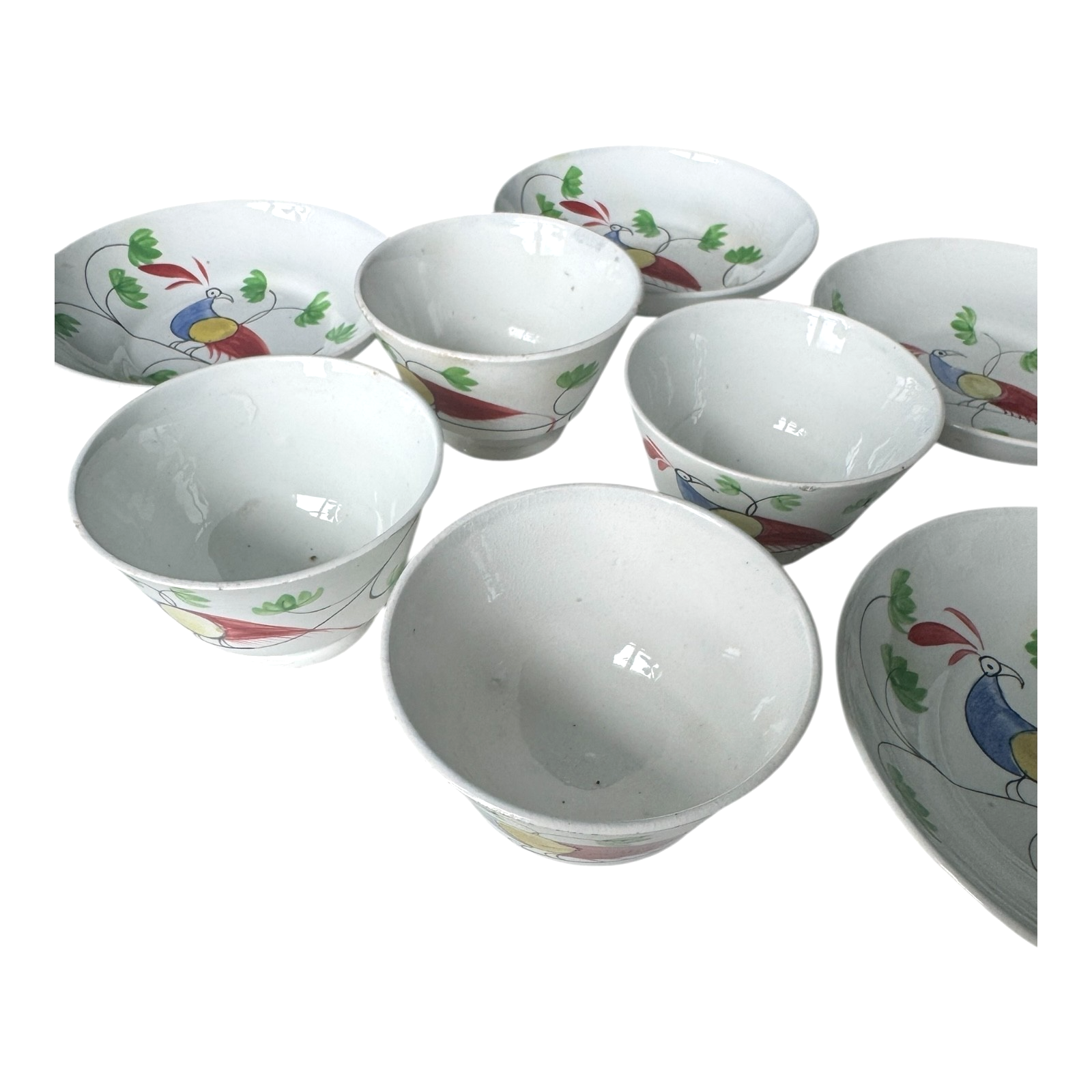 Antique Staffordshire Peafowl Spongeware Spatterware Cups & Saucers (Set of 4)